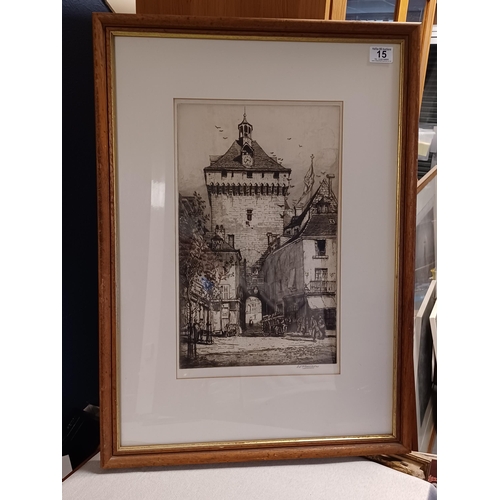 15 - Large Antique Framed Etching of French Street Scene, Signed in Pencil by Scottish Artist (William Re... 