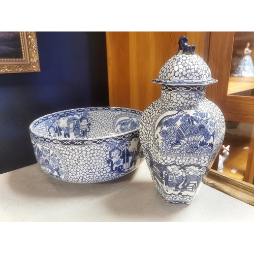 31 - Pair of Adams Blue and White Willow Jar and Bowl 24.5 cm Diameter Bowl and 24.5 cm Height Jar