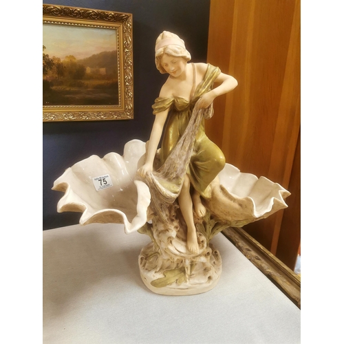 75 - Large Royal Dux Porcelain Fishing Girl between Lilypads Centrepiece Figure