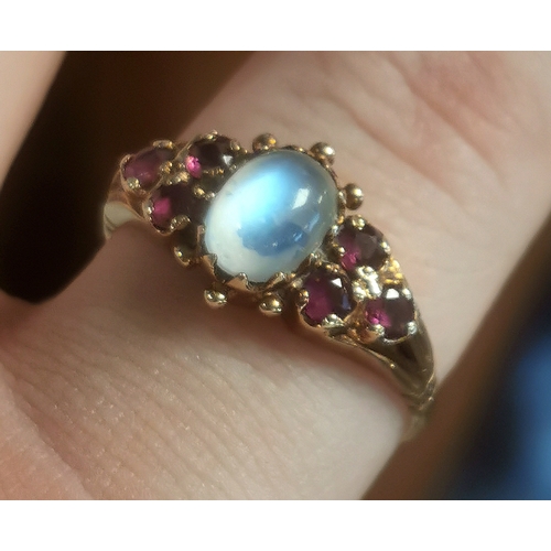 191 - 9ct Gold, Ruby and Moonstone Dress Ring, size N