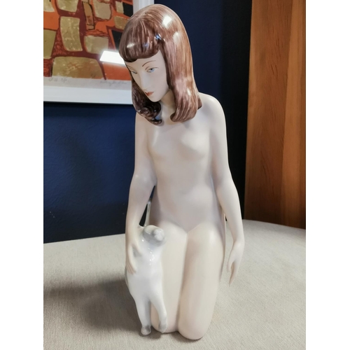 11 - Royal Dux Bohemia Nude Girl w/cat Figure, designed by Cernoch, 22cm high