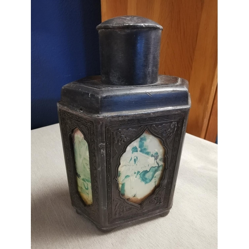 17 - Antique Chinese Pewter & Glass Panelled Tea Caddy