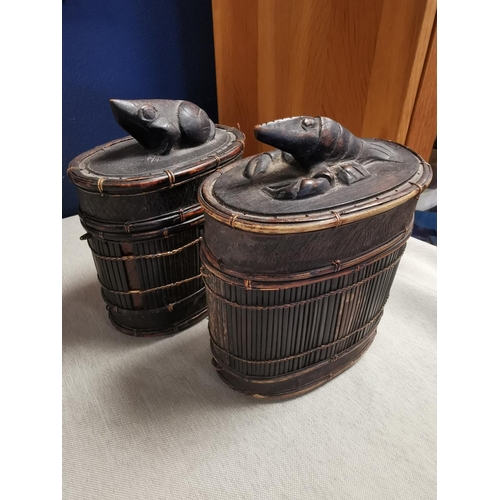 18 - Pair of Early Chinese Bamboo Picnic Boxes, 16cm high