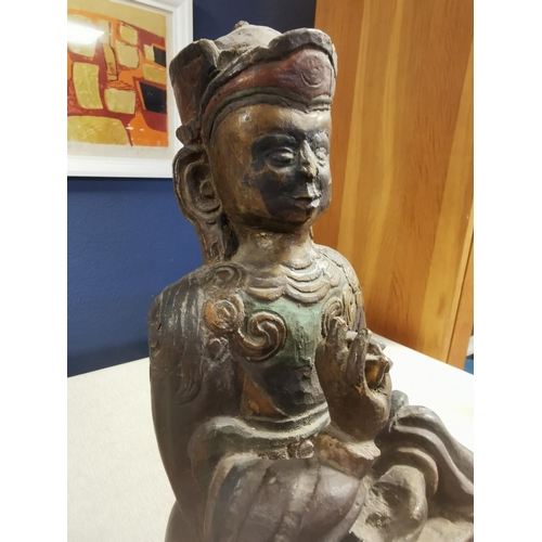 21 - Carved Asian Wooden Buddha Figure - origin possibly India or Sri Lanka with mark to base, 35cm high