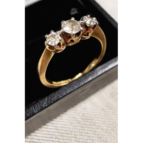 290 - 18ct Gold & Three Diamond Ring, size K+0.5