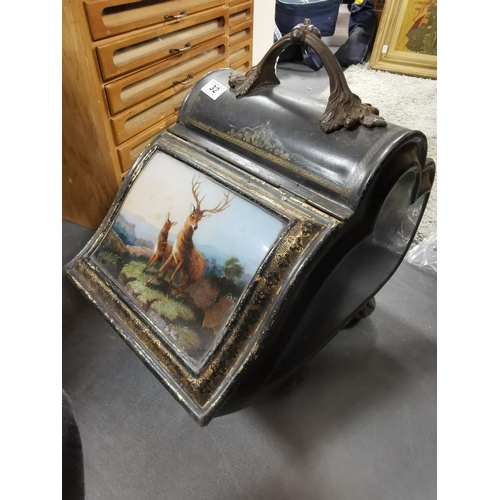 32 - 1920's Metallic Coal Scuttle with Deer/Stag Highland Scene to front, 45cm high