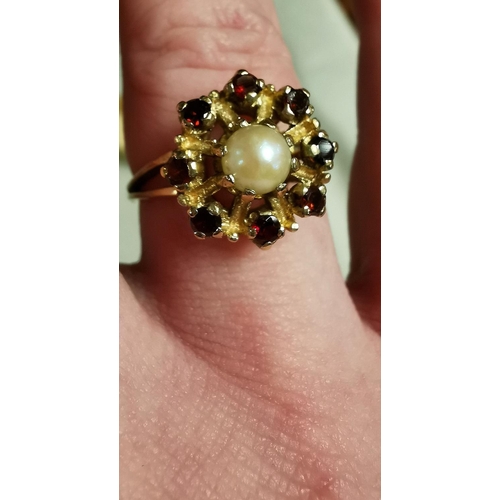 343 - 9ct Gold, Ruby & Pearl Dress Ring