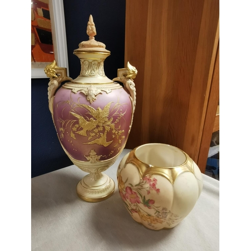 41 - 1894 Royal Worcester Lidded Urn (38cm high) + a Worcester Small Blush Floral Vase