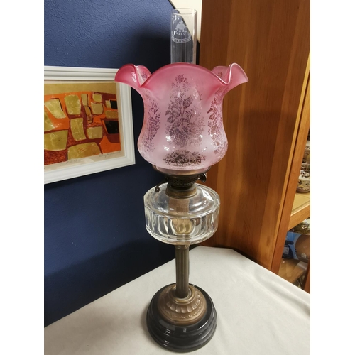 44 - 1930's Duplex Oil Lamp w/ornate Pink Fluted Shade