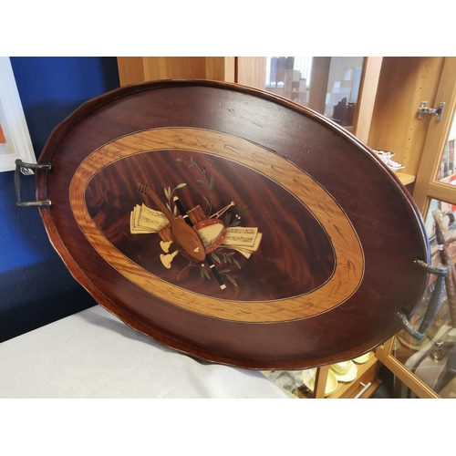 68a - Edwardian Marquetry Mahogany Oval Tray w/a musical motif & brass handles