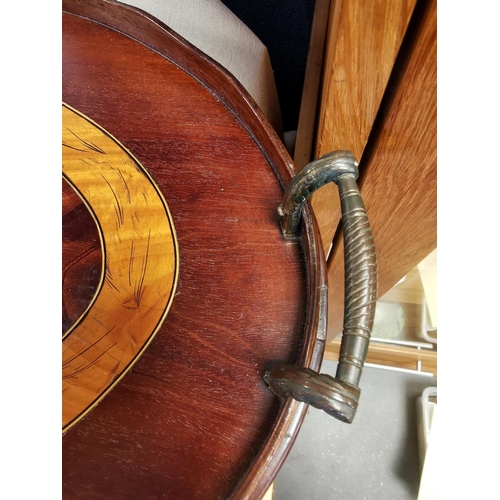 68a - Edwardian Marquetry Mahogany Oval Tray w/a musical motif & brass handles