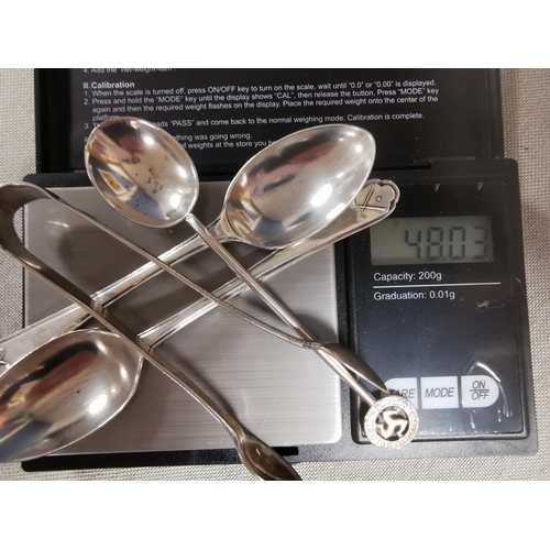 82 - Colletion of Silver Teaspoons & Sugar Tongs inc alker Hall exmaples - total weight 48g