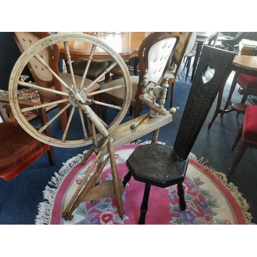 398 - Antique Spinning Wheel + Dark Wood Spinning Chair