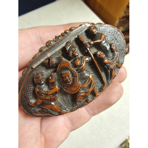 188 - Trio of a Chinese Carved Deity, Scent Bottle & a Carved Wooden Trinket Box