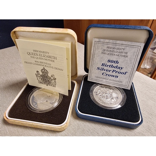 199 - Pair of Queen Mother Commorative Silver Proof Crown Coins -57g approx