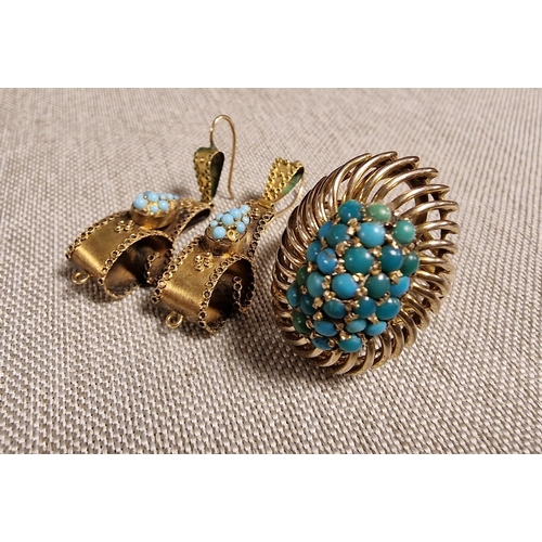 204 - Turquoise Gold Ring (size P) & Similar Turquoise & Gold Drop Earrings - Not Hallmarked