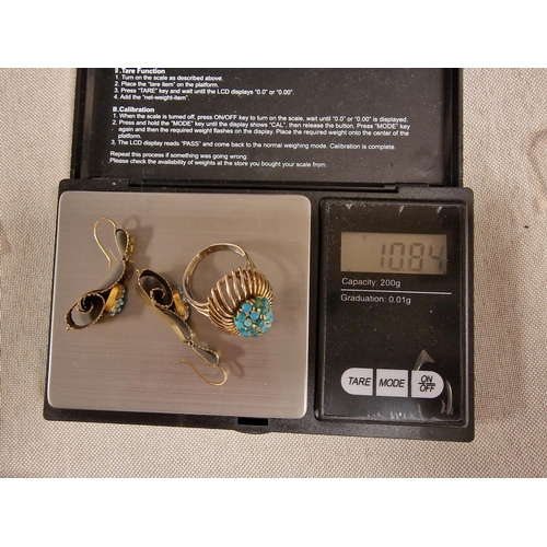 204 - Turquoise Gold Ring (size P) & Similar Turquoise & Gold Drop Earrings - Not Hallmarked