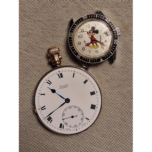 239 - Limit Swiss Pocketwatch w/a 9ct Pendant part + a Swiss Mickey Mouse Wristwatch face