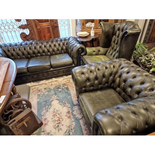 244 - 3pc Green Leather Chesterfield Lounge Sofa Suite inc Wingback Chair