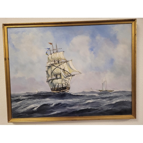 155h - Pair of 20th century Oil Paintings showing sailing/clipper ships, signed Howe 1989 & 1979. 62x54cm