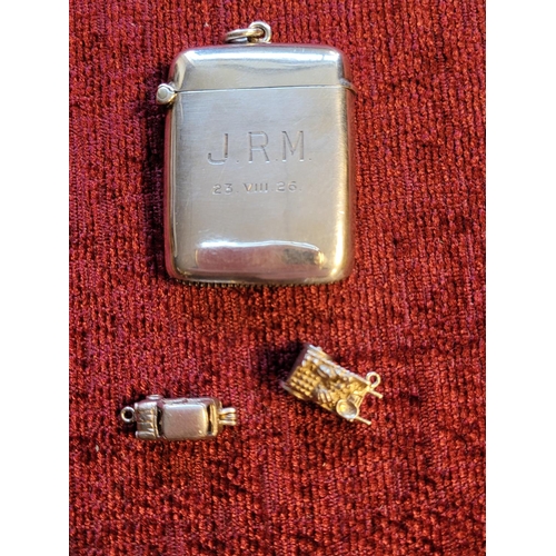 217b - Silver vesta case with monogram 1926, Birmingham hallmark 1924, and two silver charms - 3.3g