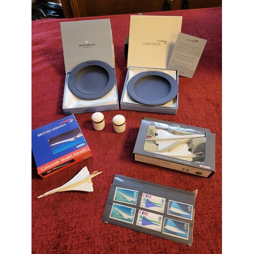 217d - Collection of Concorde Gifts, two Wedgwood Jasperware Plates, Salt & Pepper Pots, 2 Diecast Models a... 