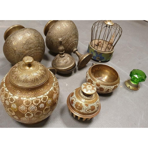 277 - An interesting collection of 9 brass items, some with Persin Decoration + a Carousel Music Box (work... 