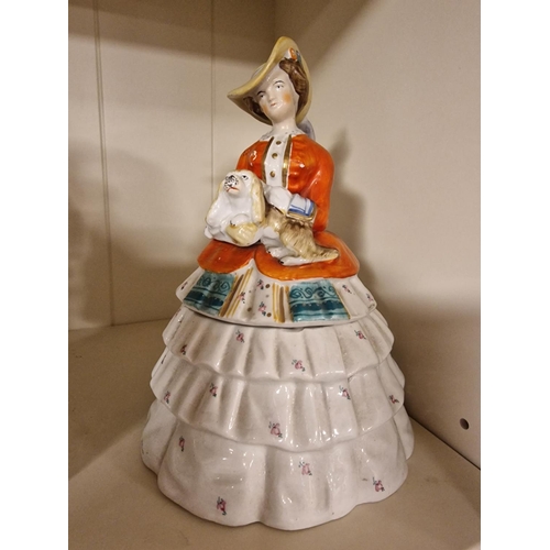 312 - Antique Staffordshire Pottery Crinoline Lady Style Jar