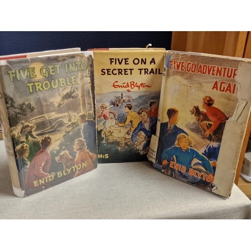 136 - Trio of First Edition Enid Blyton Books, Five Get into Trouble, Five on a Secret Trail, and Five Go ... 