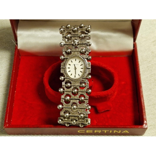 173 - Swiss Made Cased Silver Certina Vintage Ladies Watch w/Art Deco styling