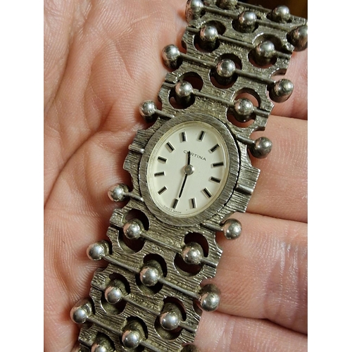 173 - Swiss Made Cased Silver Certina Vintage Ladies Watch w/Art Deco styling