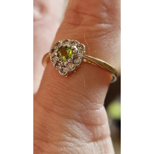 194 - 9ct Gold Diamond & Peridot Heart Shaped Cluster Ring - size N+0.5