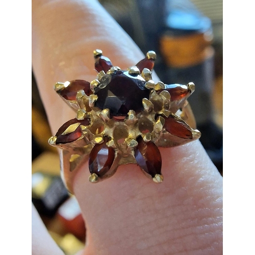 205 - Vintage 9ct Gold Ruby and Garnet Dress Flower Ring