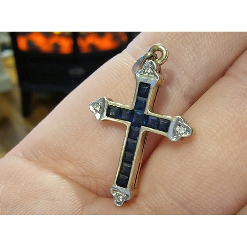 208 - Trio of 9ct Gold Crucifix Crosses, One w/Diamonds & Another w/Sapphire and Diamonds, 4g total