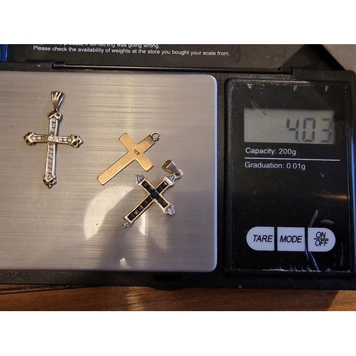 208 - Trio of 9ct Gold Crucifix Crosses, One w/Diamonds & Another w/Sapphire and Diamonds, 4g total