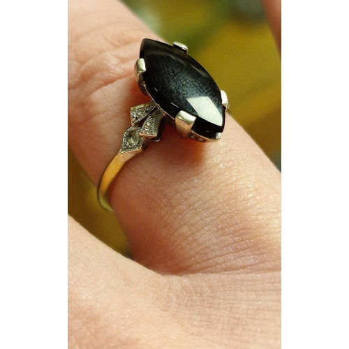 213 - Vintage 9ct Gold, Whitby Jet & Diamond Dress Ring, size Q