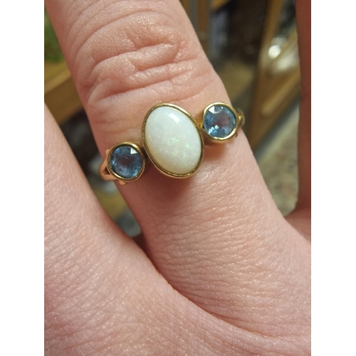 216 - Opal & Blue Topaz 9ct Gold Dress Ring, size R