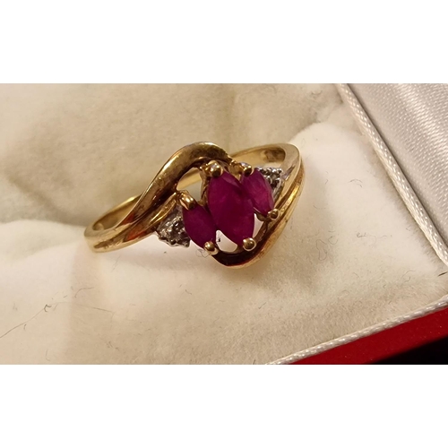 231 - Three Stone Ruby, Diamond & 9ct Gold Serpentine Dress Ring, size S