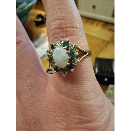 240 - 9ct Gold, Emerald and Opal Dress Ring, size M