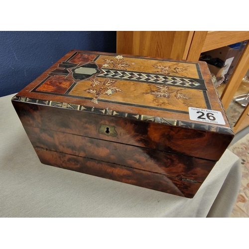 26 - Walnut Wooden 3-Tier Combination Jewellery box/Writing Slope dated 1913 w/Marquetry and Mother-of-pe... 