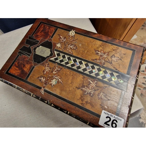 26 - Walnut Wooden 3-Tier Combination Jewellery box/Writing Slope dated 1913 w/Marquetry and Mother-of-pe... 