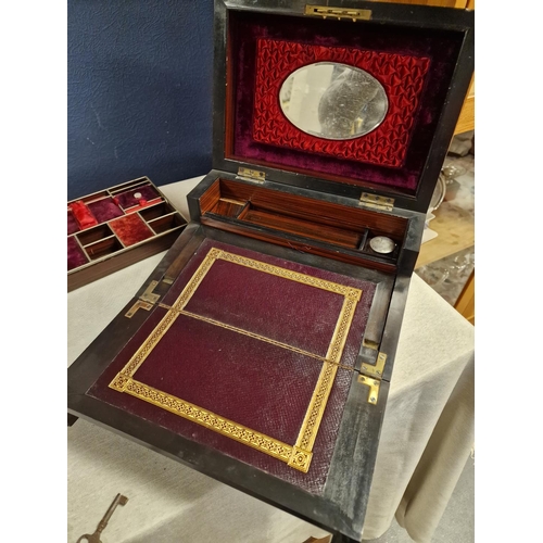 26 - Walnut Wooden 3-Tier Combination Jewellery box/Writing Slope dated 1913 w/Marquetry and Mother-of-pe... 