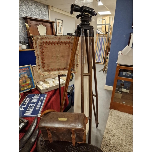 62 - Vintage Pressure Piling Company Theodolite in steel, with Wooden tripod & Leather Box, manufactured ... 