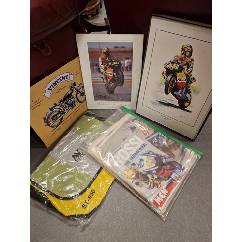 74 - Reproduction Enamel Vincent Motorcycle sign + Valentino Rossi signed framed photos and associated TT... 