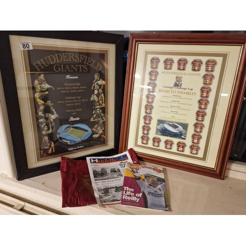 80 - Collection of Huddersfield Giants Rugby League memorabilia, including pair of framed Honours posters... 