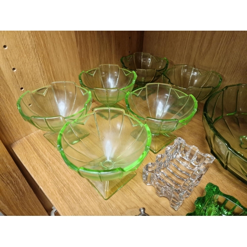 325 - Shelf of Collected Green and Uranium Glass Decorative Bowls and Homewares