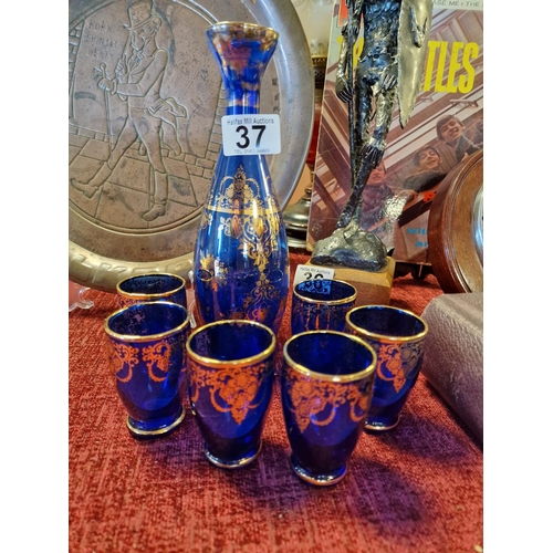 37 - Bohemian Cobalt Blue and Gold Venetian Italian Glass Decanter Set - decanter height 23cm