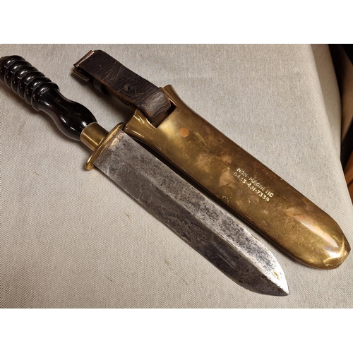 61 - Antique Brass Diver's Knife w/sheath stamped 'NON-MAGNETIC 0433-431-7339' - blade length 19cm