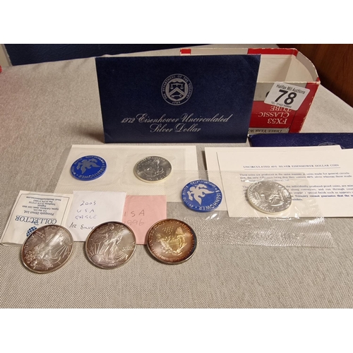 78 - Three USA 925 1996-2004 Silver One Dollar Coins and Two Uncirculated 1972 and 1974 40% Silver Eisenh... 