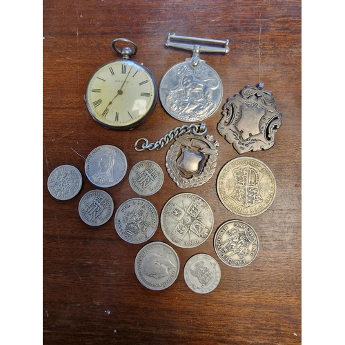 99a - Collection of .500 Silver Coins + Silver Hallmarked Fobs & a European Silver Pocketwatch